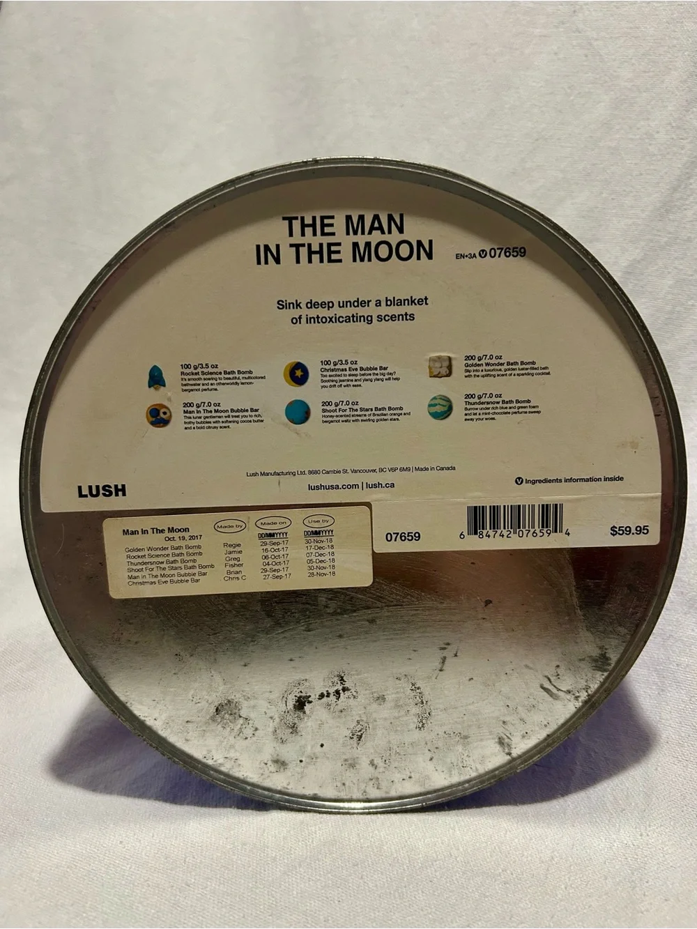 Lush Man in the Moon Collectible Tin Christmas 2017 Empty Storage